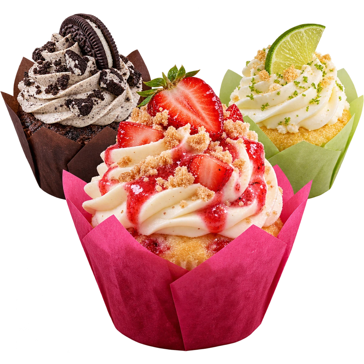 Illustrative strawberry, lime, and cookies-and-cream cupcakes